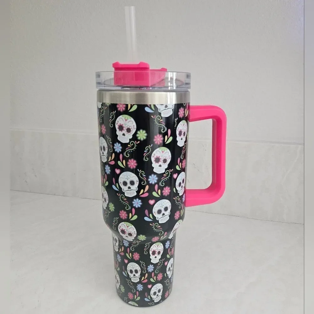 Kirklands Day Of The Dead Floral Travel Tumbler with Pink Handle